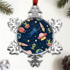 Seamless-pattern-with-funny-aliens-cat-galaxy Metal Small Snowflake Ornament by Salman4z