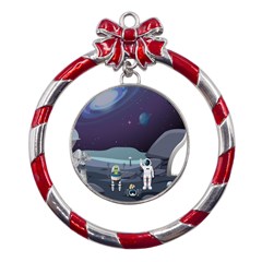 Alien-astronaut-scene Metal Red Ribbon Round Ornament by Salman4z