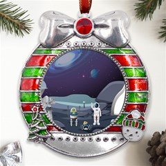 Alien-astronaut-scene Metal X mas Ribbon With Red Crystal Round Ornament by Salman4z