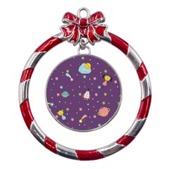 Space-travels-seamless-pattern-vector-cartoon Metal Red Ribbon Round Ornament by Salman4z