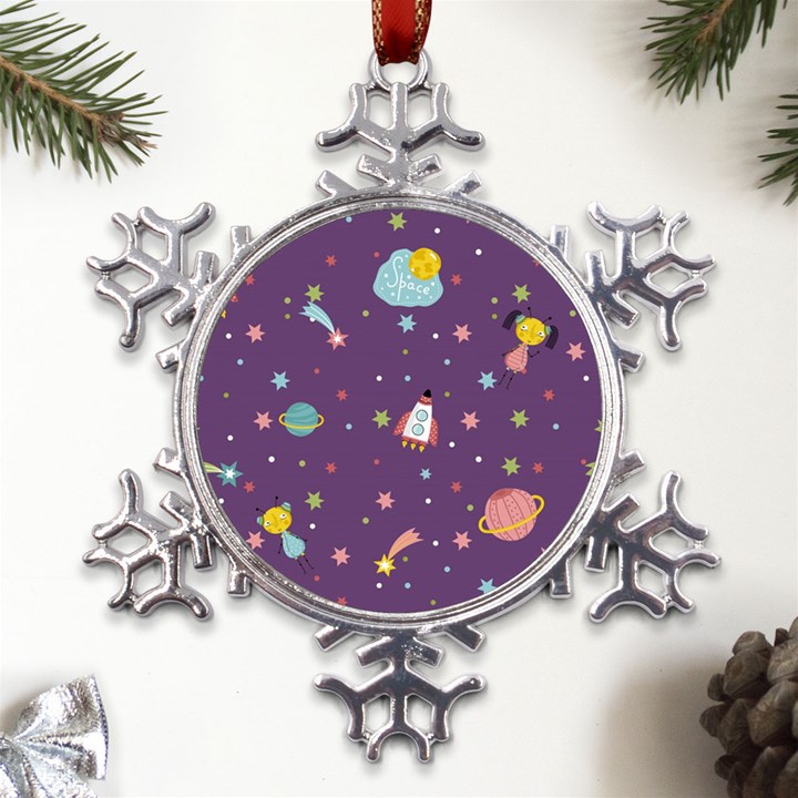 Space-travels-seamless-pattern-vector-cartoon Metal Large Snowflake Ornament