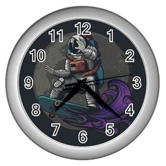 Illustration-astronaut-cosmonaut-paying-skateboard-sport-space-with-astronaut-suit Wall Clock (silver) by Salman4z