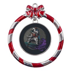 Illustration-astronaut-cosmonaut-paying-skateboard-sport-space-with-astronaut-suit Metal Red Ribbon Round Ornament by Salman4z