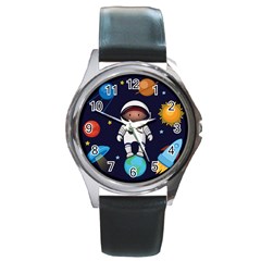 Boy-spaceman-space-rocket-ufo-planets-stars Round Metal Watch by Salman4z