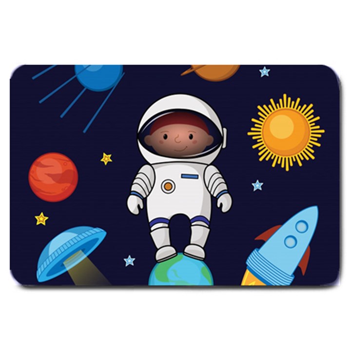 Boy-spaceman-space-rocket-ufo-planets-stars Large Doormat