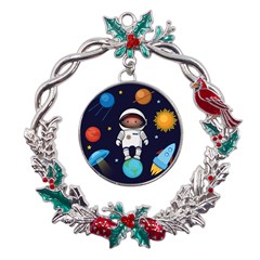 Boy-spaceman-space-rocket-ufo-planets-stars Metal X mas Wreath Holly Leaf Ornament