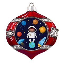 Boy-spaceman-space-rocket-ufo-planets-stars Metal Snowflake And Bell Red Ornament by Salman4z