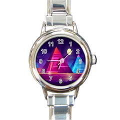 Egyptian-pyramids-night-landscape-cartoon Round Italian Charm Watch by Salman4z