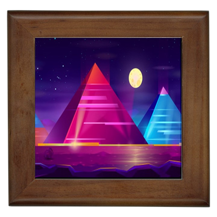 Egyptian-pyramids-night-landscape-cartoon Framed Tile