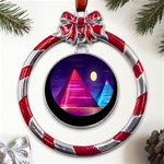 Egyptian-pyramids-night-landscape-cartoon Metal Red Ribbon Round Ornament Front