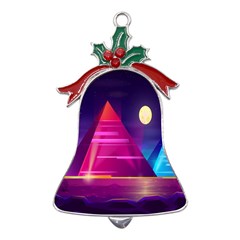 Egyptian-pyramids-night-landscape-cartoon Metal Holly Leaf Bell Ornament by Salman4z