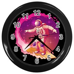 Astronaut-spacesuit-standing-surfboard-surfing-milky-way-stars Wall Clock (black) by Salman4z