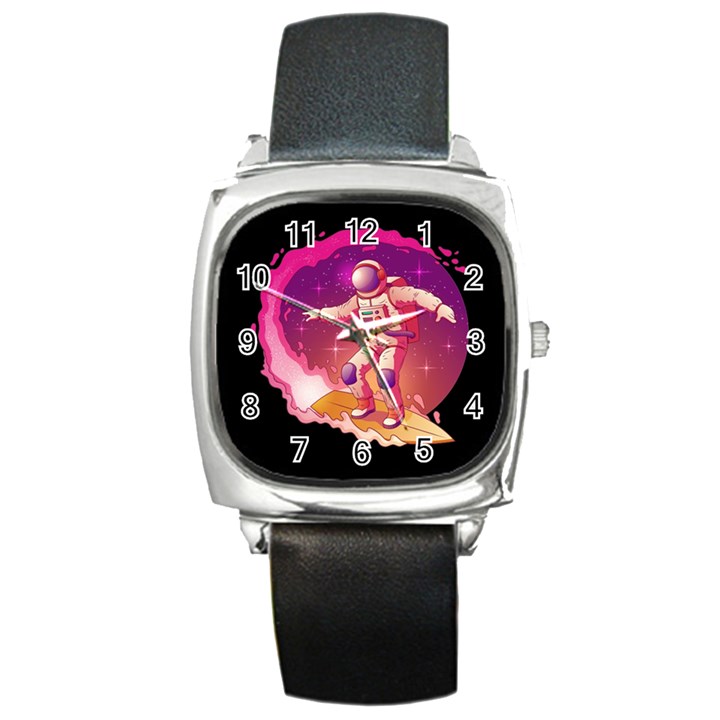 Astronaut-spacesuit-standing-surfboard-surfing-milky-way-stars Square Metal Watch