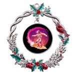 Astronaut-spacesuit-standing-surfboard-surfing-milky-way-stars Metal X mas Wreath Holly leaf Ornament Front