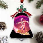 Astronaut-spacesuit-standing-surfboard-surfing-milky-way-stars Metal Holly Leaf Bell Ornament Front