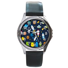 Big-set-cute-astronauts-space-planets-stars-aliens-rockets-ufo-constellations-satellite-moon-rover-v Round Metal Watch by Salman4z