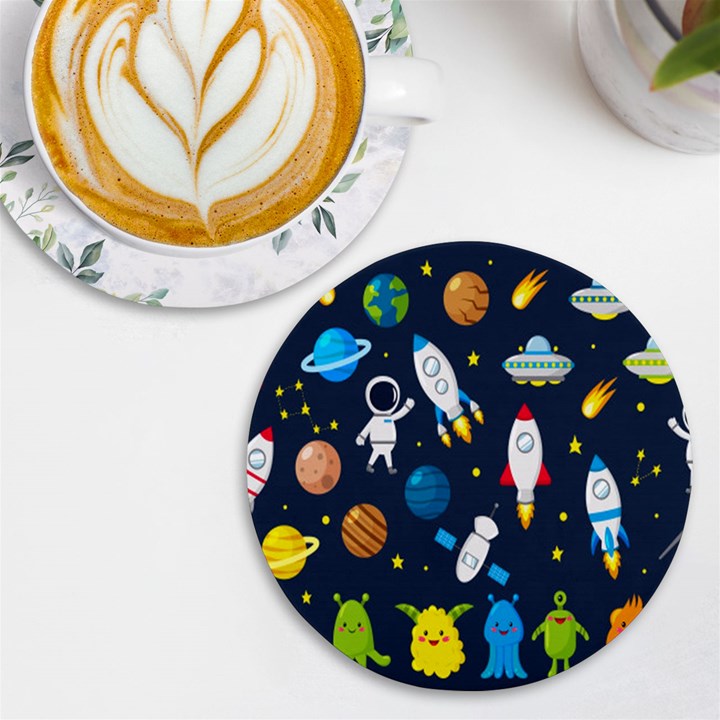 Big-set-cute-astronauts-space-planets-stars-aliens-rockets-ufo-constellations-satellite-moon-rover-v UV Print Round Tile Coaster