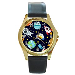 Space-seamless-pattern   - Round Gold Metal Watch by Salman4z