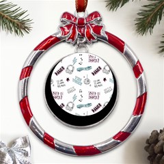 Music-themed-doodle-seamless-background Metal Red Ribbon Round Ornament by Salman4z