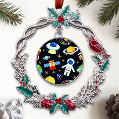 Space Seamless Pattern Metal X mas Wreath Holly Leaf Ornament by Salman4z