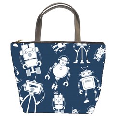 White-robot-blue-seamless-pattern Bucket Bag by Salman4z