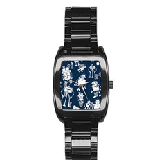 White-robot-blue-seamless-pattern Stainless Steel Barrel Watch by Salman4z