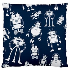 White-robot-blue-seamless-pattern Large Premium Plush Fleece Cushion Case (two Sides)