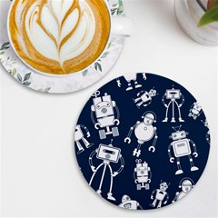 White-robot-blue-seamless-pattern Uv Print Round Tile Coaster by Salman4z