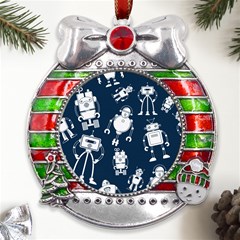 White-robot-blue-seamless-pattern Metal X mas Ribbon With Red Crystal Round Ornament by Salman4z