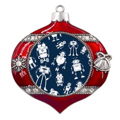 White-robot-blue-seamless-pattern Metal Snowflake And Bell Red Ornament