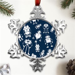 White-robot-blue-seamless-pattern Metal Small Snowflake Ornament by Salman4z