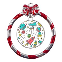 Space-cosmos-seamless-pattern-seamless-pattern-doodle-style Metal Red Ribbon Round Ornament by Salman4z