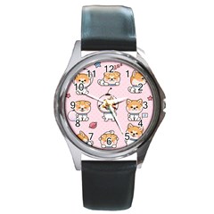 Set-kawaii-smile-japanese-dog-akita-inu-cartoon Round Metal Watch by Salman4z