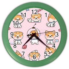 Set-kawaii-smile-japanese-dog-akita-inu-cartoon Color Wall Clock by Salman4z