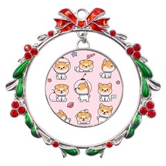 Set-kawaii-smile-japanese-dog-akita-inu-cartoon Metal X mas Wreath Ribbon Ornament by Salman4z