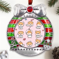 Set-kawaii-smile-japanese-dog-akita-inu-cartoon Metal X mas Ribbon With Red Crystal Round Ornament