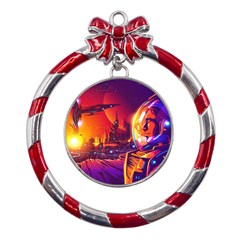 Far-future-human-colonization Metal Red Ribbon Round Ornament by Salman4z