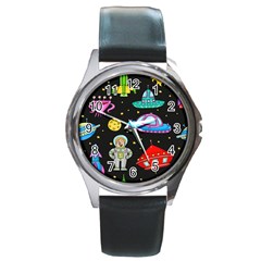 Seamless-pattern-with-space-objects-ufo-rockets-aliens-hand-drawn-elements-space Round Metal Watch by Salman4z