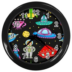 Seamless-pattern-with-space-objects-ufo-rockets-aliens-hand-drawn-elements-space Wall Clock (black) by Salman4z