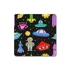 Seamless-pattern-with-space-objects-ufo-rockets-aliens-hand-drawn-elements-space Square Magnet by Salman4z