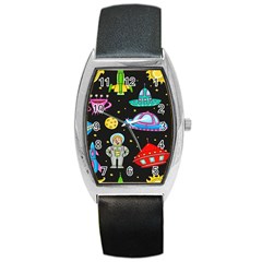 Seamless-pattern-with-space-objects-ufo-rockets-aliens-hand-drawn-elements-space Barrel Style Metal Watch by Salman4z