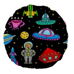 Seamless-pattern-with-space-objects-ufo-rockets-aliens-hand-drawn-elements-space Large 18  Premium Round Cushions by Salman4z