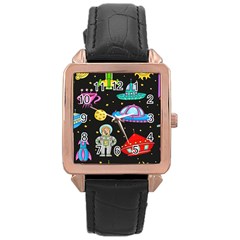 Seamless-pattern-with-space-objects-ufo-rockets-aliens-hand-drawn-elements-space Rose Gold Leather Watch  by Salman4z