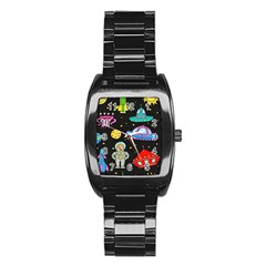 Seamless-pattern-with-space-objects-ufo-rockets-aliens-hand-drawn-elements-space Stainless Steel Barrel Watch by Salman4z