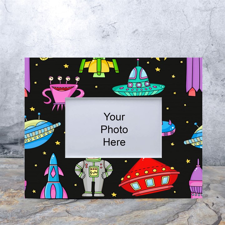 Seamless-pattern-with-space-objects-ufo-rockets-aliens-hand-drawn-elements-space White Tabletop Photo Frame 4 x6 