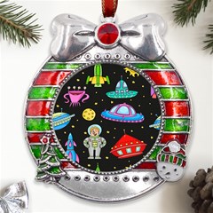 Seamless-pattern-with-space-objects-ufo-rockets-aliens-hand-drawn-elements-space Metal X mas Ribbon With Red Crystal Round Ornament