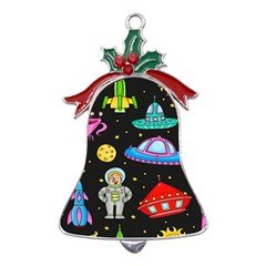 Seamless-pattern-with-space-objects-ufo-rockets-aliens-hand-drawn-elements-space Metal Holly Leaf Bell Ornament by Salman4z