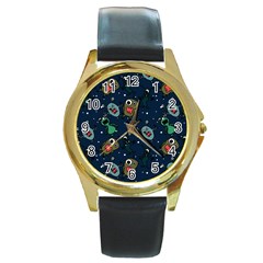 Monster-alien-pattern-seamless-background Round Gold Metal Watch by Salman4z