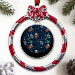 Monster-alien-pattern-seamless-background Metal Red Ribbon Round Ornament