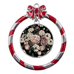 Elegant-seamless-pattern-blush-toned-rustic-flowers Metal Red Ribbon Round Ornament by Salman4z